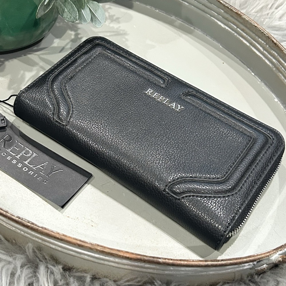 REPLAY Accessories Wallet Black Zip Around Clutch Purse New
